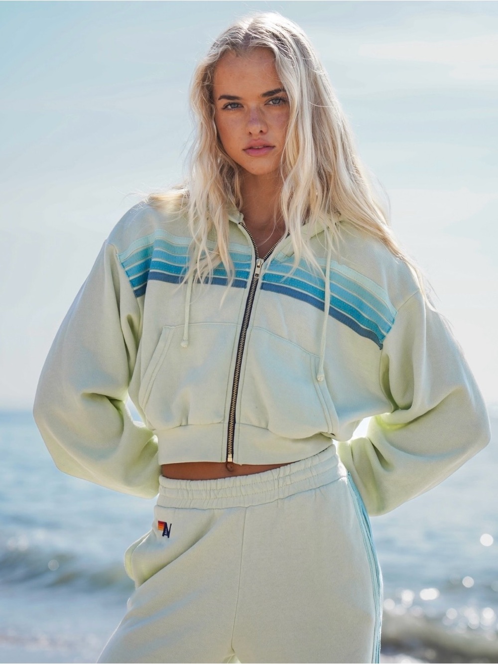 AVIATOR NATION NIP 🌊 5 STRIPE CROPPED ZIP HOODIE RELAXED LIME CREAM SEAFOAM 🌅 XS